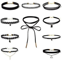 Shining Diva Fashion Jewellery Girls/Women's Stylish Black Fabric Lace Choker Necklace Combo Set Of 10 Pieces (Cmb272)