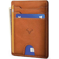 Contacts Genuine Leather Slim Wallet | RFID Blocking Skinny Minimal Thin Front Pocket Wallet Sleeve Card Holder for Men | 7 Card Slots, 1 ID Window (Tan)