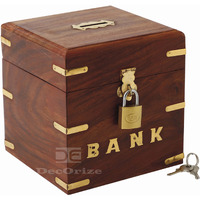 DECORIZE Handmade Money Bank with Lock Master Size 5x5 inch Large Piggy Bank Wooden for Kids and Adults (Brown)