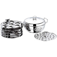 Vinod 6 Pc Stainless Deluxe Multi Kadai/Kadhai Set: 2 Idli Plates,2 Dhokla Plates,1 Patra Plate & 1 Mini Idli Plate- 2Yr Warranty,Silver (Induction Friendly)