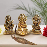 KridayKraft Laxmi Saraswati Idol Decorative Platter with Diya and Agarbatti Stand Diwali Gift, Metal, Standard, 1 Piece