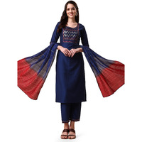 EthnicJunction Women's Embroidered Sequence Work Chinon Straight Kurta Pant with Chanderi Ombre Dupatta (SKD19-Shimmer-Navy_2XL_Navy Blue)