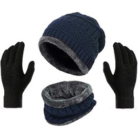 Gajraj Winter Knit Beanie Cap Hat Neck Warmer Scarf and Woolen Gloves Set for Men & Women (3 Piece) (NAVY)