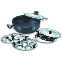 Prestige Hard Anodised Multi Kadhai | 28 cm | Black | Induction Base | Multi-Purpose Accesories - Idli Stand, Dhokla Stand and Steamer | Round Bottom | Durable Handles