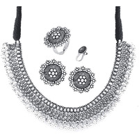 Yellow Chimes Classic German Silver Oxidised Crafted Traditional Choker Necklace Set With Earring Jewellery Set Jewellery Set for Women (Osidized Silver) (YCTJNS-32OXDCHK-SL)