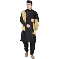 SKAVIJ Men's Art Silk Kurta Pajama and Stole Wedding Ethnic Wear Black_X-Large