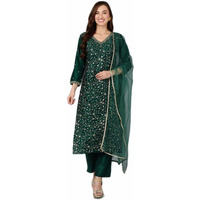 Vaamsi Women's Silk Blend Floral Embroidered Straight Kurta Pant with Dupatta (VKSKD1754_Green_M)