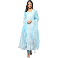 BIBA Women Cotton Printed Fitted Salwar Kurta Dupatta(Skdshwet Sa8635_Powder Blue_32)