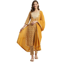 rangita Mustard Cotton Embroidered Straight Kurta with Pant and Dupatta | Kurta Set for Women_M