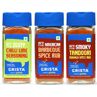 CRISTA International Seasonings Combo Pack - 5 | American Barbeque x 1, 50 gms | Chilli Lime Seasoning x 1, 50 gms | Smoky Tandoori Masala x 1, 45 gms | Zero added Colours & Preservatives |Pack of 3