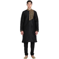 SKAVIJ Men's Kurta Pajama Set Embroidered Art Silk Wedding Party Dress Black XL