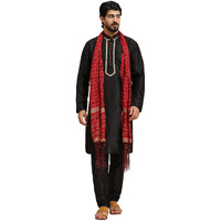 SKAVIJ Men's Art Silk Kurta Pajama and Stole Traditional Outfits for Party Black_Small