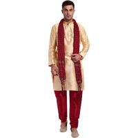 SKAVIJ Men's Art Silk Indian Ethnic Wear Kurta Pajama and Scarf Suit Festivals Season Party Dress Set Beige_Large