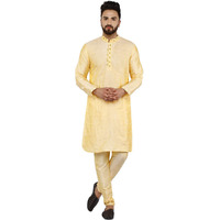 SKAVIJ Men's Art Silk Kurta Pajama Set Traditional Party Dress Beige M