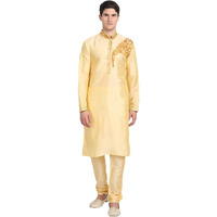 SKAVIJ Men's Kurta Pajama Set Embroidered Art Silk Dress for Wedding Party Beige_Small