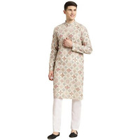 SOJANYA (Since 1958 Men's Cotton Linen Cream & Multi Print Kurta & White Churidar Pyjama Set