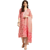 rangita Peach Cotton Embroidered Straight Kurta with Pant and Dupatta | Kurta Set for Women_M