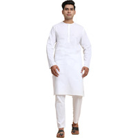 SKAVIJ Men's Cotton Casual Kurta Pajama Indian Dress Set White_L