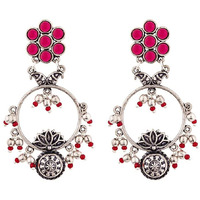 Voylla Oxidised Silver Floral Drop Style Hoop Earrings with Pink Stone for Women and Girls