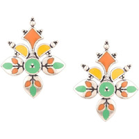 Voylla Silver Brass Bagh E Fiza Rangoli Pattern Oxidised toned Pastel Colourful Enamelled Embellished Leaf Design Dangle & Drop Earrings for Women and Girls