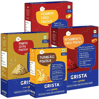 CRISTA Kitchen Ground Spices (Masala) Basics Combo | Kashmiri Chilli Powder x 1, 500 gms | Reshampatti Powder x 1, 500 gms | Turmeric Powder x1, 100 gms | Dhaniya Jeera Powder x 1, 500 gms | Pack of 4