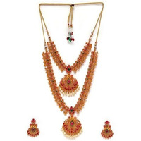 Estele Gold Plated Sublime Devotion Nakshi Antique Necklace Set with Colored Stones & Pearls for Women, Dull Gold