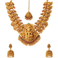 Yellow Chimes Jewellery Set for Women Gold Plated Traditional Temple Jewellery Set Antique Necklace Set with Earrings and Maangtikka for Women and Girls