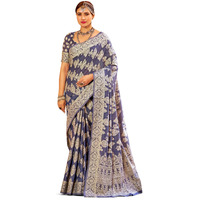 SWORNOF Women's Lucknowi Linen cotton Woven Sarees For Women with Blouse (BLUE)