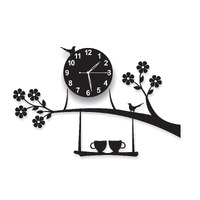 invision1 Plastic 3D Acrylic Tree Birds Coffee Cup On Jhula Design Wall Clock (Black, 69.9 x 41.9 x 1.3 cm) Analog