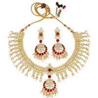 Estele Jewellery For Women Gold Plated Resplendent Kundan Studded Adjustable Necklace Set with White Pearls & Red Enamel for Women-9739-IG NKER