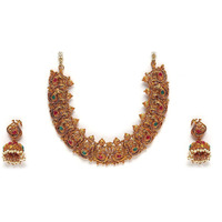 Estele Gold Plated Holy Swans Designer Nakshi Necklace Set with Colored Stones and Pearls for Women