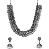 Yellow Chimes Ethnic German Silver Oxidised Coin Designed Choker Necklace Set with Earrings Traditional Jewellery Set for Women and Girls