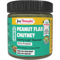 Jus Amazin Organic Peanut Flax Chutney - Curry Leaf Flavour (200g)|Perfect with Dosas & Idlis|High Protein, Omega 3|Plant Based, 0% Chemicals (No Emulsifiers, INS or E Ingredients)|Clean Nutrition