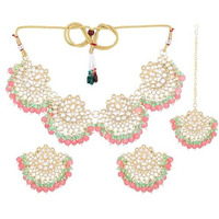 Gehena by Estele Gold Plated Gorgeous Kundan-Studded and White Beaded Choker Necklace Set and Maang Tikka for Girls and Women