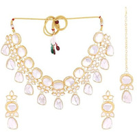 Gehena by Estele Gold Plated Dazzling White Kundan Necklace Set with Maang Tikka for Girls and Women