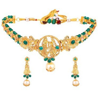 Gehena by Estele Gold Plated Radha Krishan Floral Designer Aritifical Stones with Green Choker Necklace Set for Girls and Women