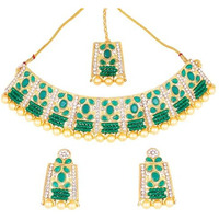 Gehena by Estele Gold Plated Alluring Designer Green Studded Choker Necklace Set and Maang Tikka with White Pearls and Crystals for Girls and Women