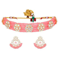 Gehena by Estele Gold Plated Elegant Floral Designer Kundan-Studded Choker Necklace Set with Mint Pink Beaded Pearls for Girls and Women