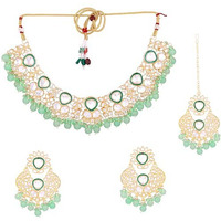 Gehena by Estele Gold Plated Glittering Kundan Studded Choker Necklace Set and Maang Tikka with Mint Green Pearl Beads for Girls and Women