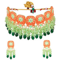 Gehena by Estele Gold Plated Beautiful Meenakari Floral Designer Enamel with Mint Green and Green Pearl Beaded Choker Necklace Set for Girls and Women