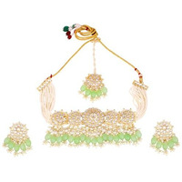 Gehena by Estele Gold Plated Elegant Designer Kundan Studded Necklace set with Maang Tikka and Mint Green Pearl Beads for Girls and Women