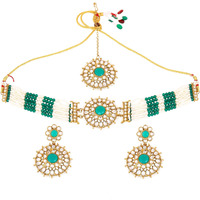 Gehena by Estele Gold-Plated Captivating Kundan-Stunded and Green Pearl Beaded Choker Necklace Set and Maang Tikka for Girlss and Women