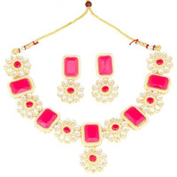 Gehena by Estele Gold Plated Fascinating Floral Designer Kundan-Studded Necklace Set with Ruby Beaded Pearls for Girls and Women