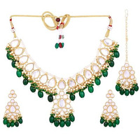 Gehena by Estele Gold Plated Dazzling Cluster Drop Kundan Choker Necklace set and Maang tikka with Green Beads for Girls and Women