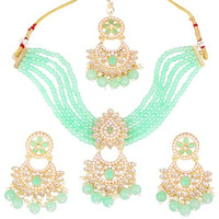 Gehena by Estele Gold Plated Captivating Leaf Designer Kundan-Studded with Mint Green Beaded Pearls Necklace Set and Maang Tikka for Girls and Women