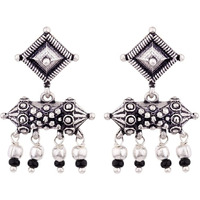 Voylla Oxidised Silver Brass Geometric Design Ethnic Earrings with Black Beads for Women and Girls