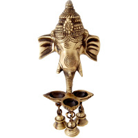 Two Moustaches Brass Ganesha Wall Hanging Diya with Bells for Home Decor, Brass Hanging Diyas Oil Lamp, Diwali Gifts, Diyas for Diwali, Ghanti for Pooja, Brass Diya , Temple Decor, Standard, Pack Of 1