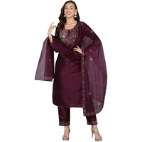 Vaamsi Womens Silk Blend Yoke Design Embroidered Straight Kurta Pant with Dupatta (PKSKD1937_Purple_S)