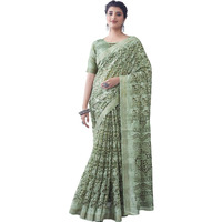 SIRIL Womens Cotton Blend Floral Printed Zari Stripe Saree With Unstitched Blouse Piece (3704S1386_Pista Green)