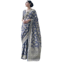 SWORNOF Womens Lucknowi Chikankari Linen Cotton Woven Sarees For Women With Blouse Sarees For Women, Blue